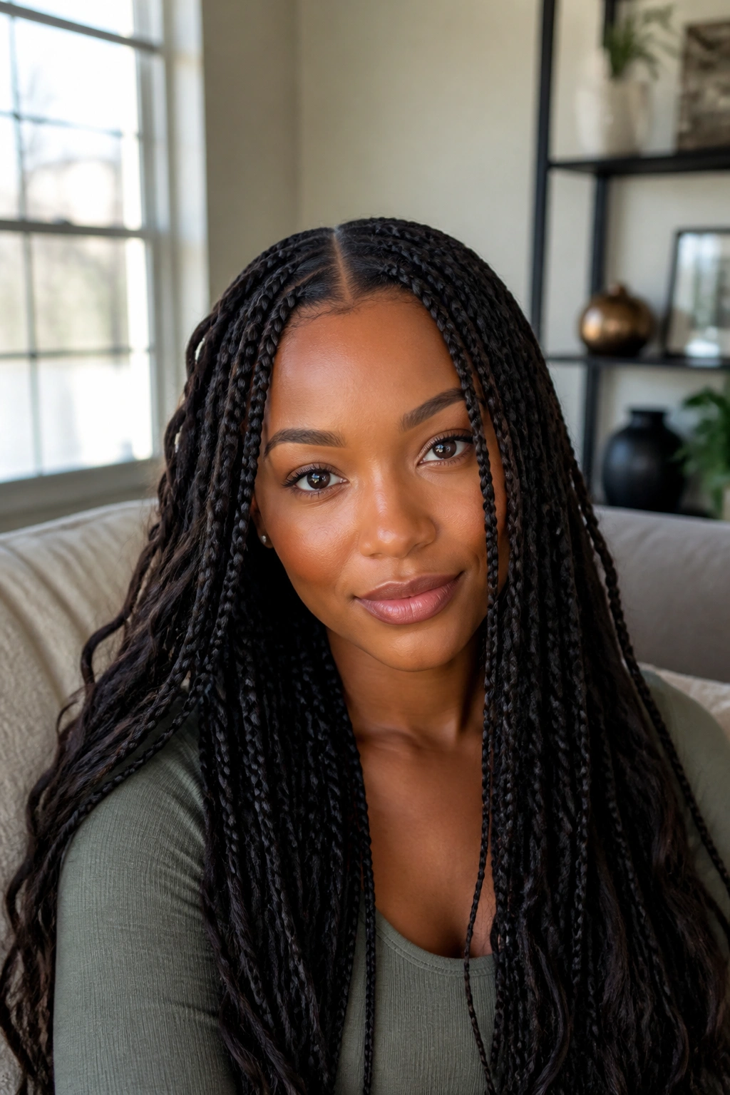Close-up of a real woman with center-part Ghana braids framing her face.