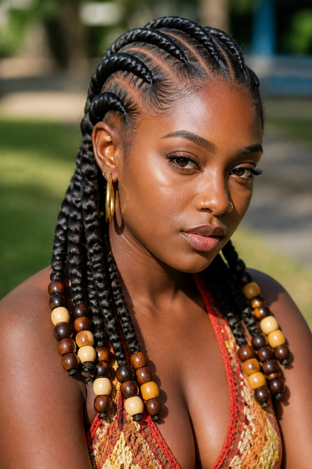 Front three-quarter view of a real woman with Ghana braids and chunky beads