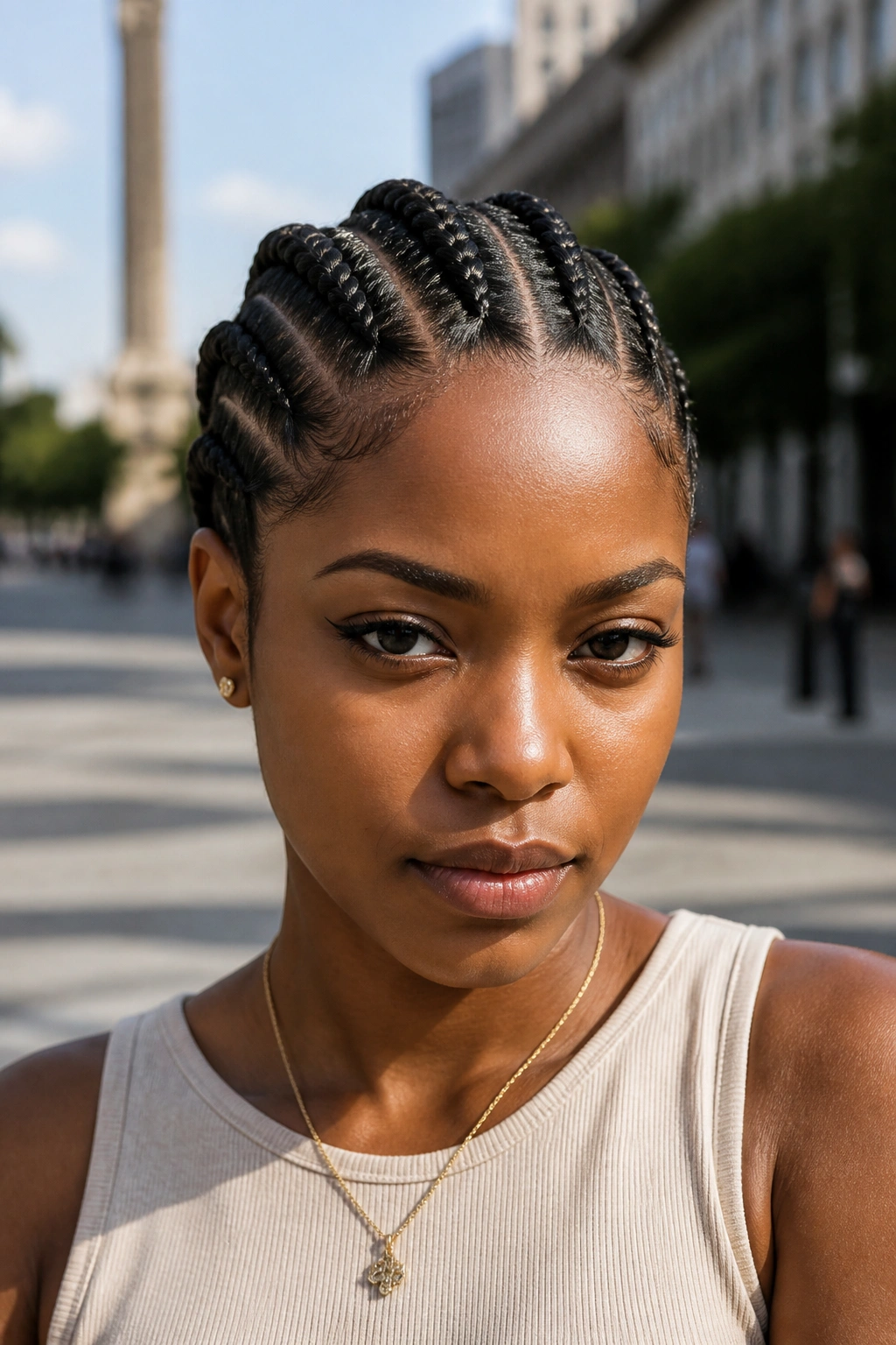 Close-up of a real person with thick Ghana braids in an outdoor plaza.