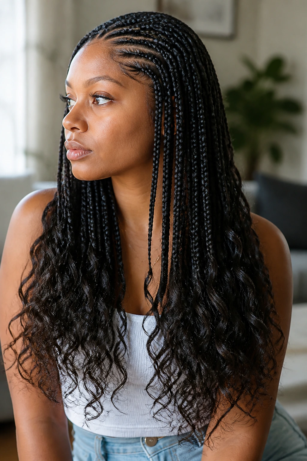 Close-up of Ghana braids with curly ends on a real person, long hair with curls at ends.