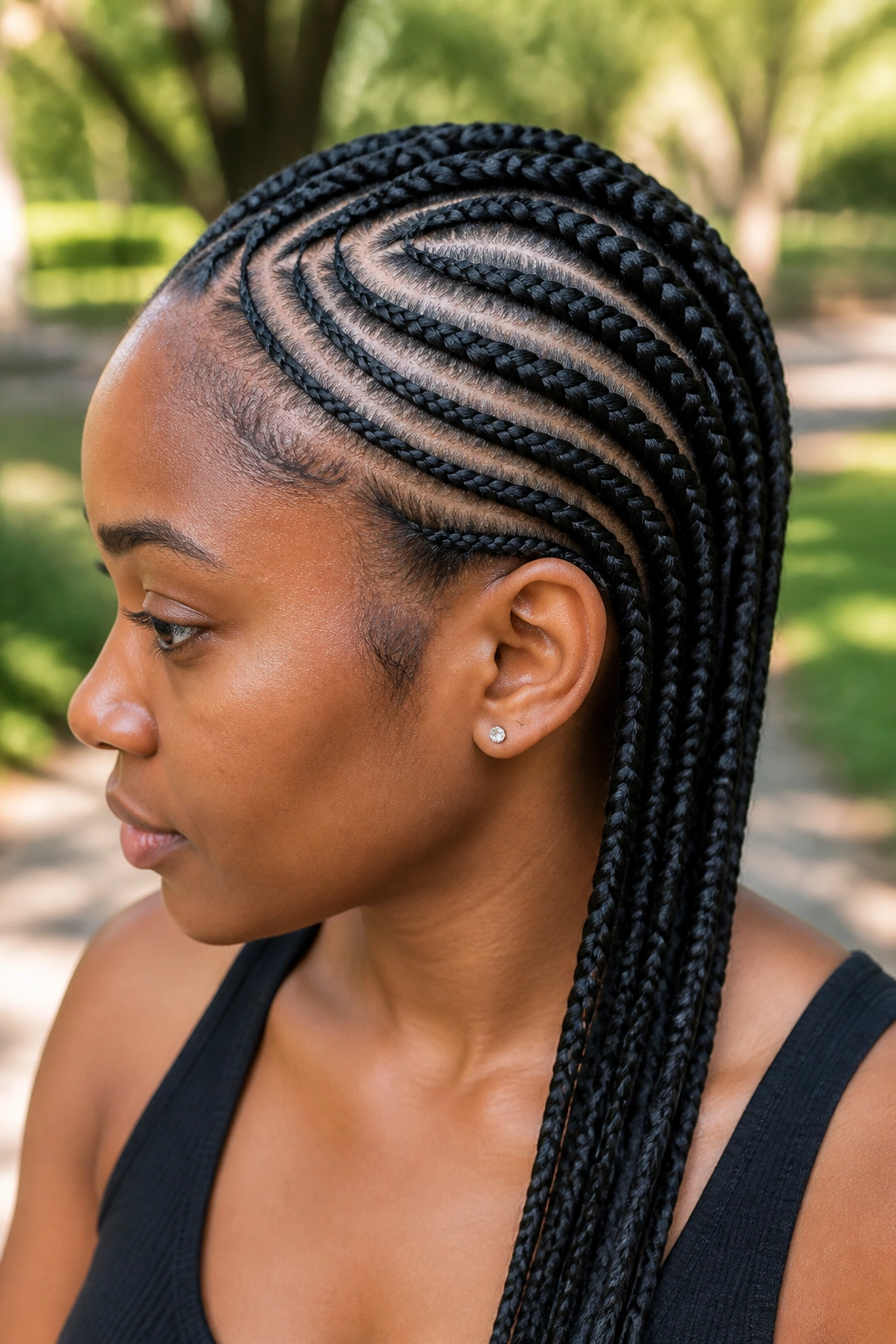 Real woman with curved Ghana braids forming arcs along the scalp in natural light