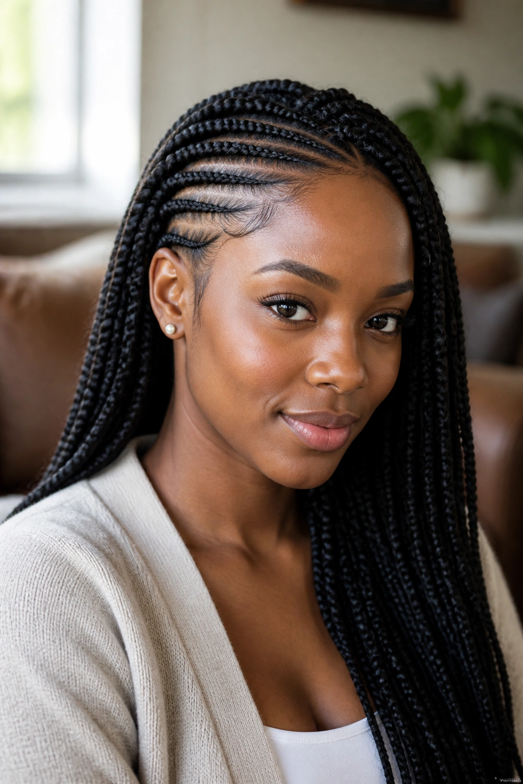 Close-up portrait of a real Black woman with feed-in side braids starting at the temple