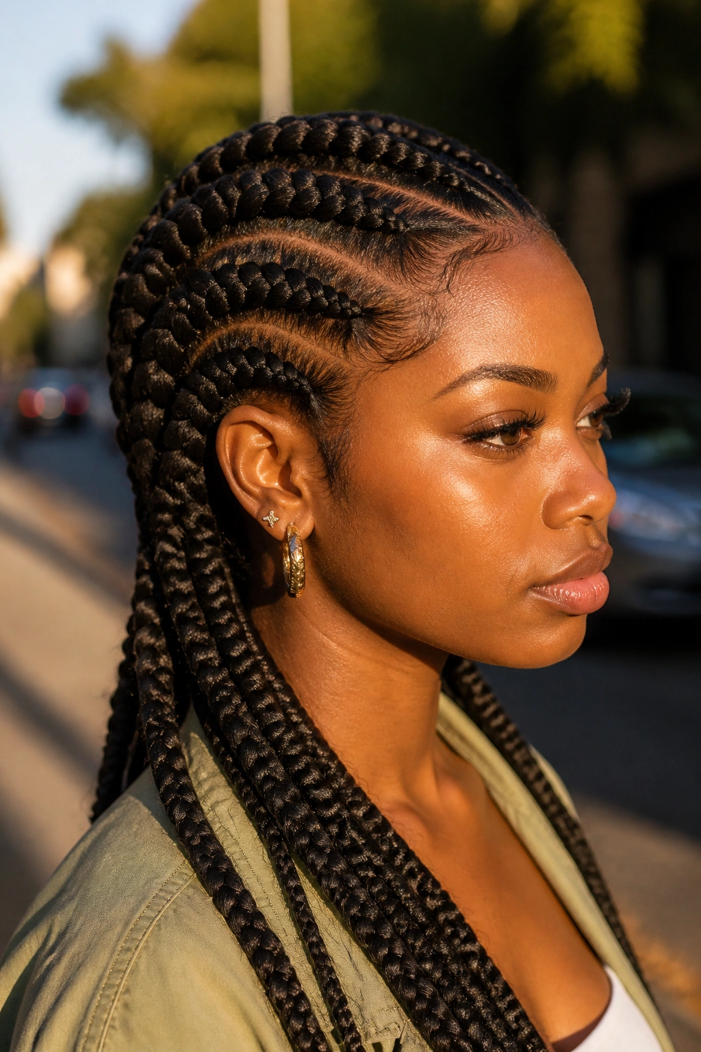 Close-up portrait of a real woman with raised fuller Ghana braids