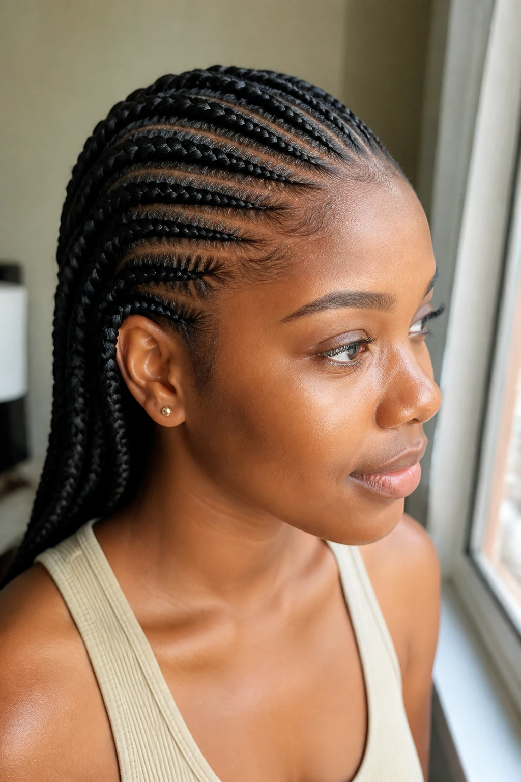 Close-up of a real woman with Ghana braids tapering from hairline to back