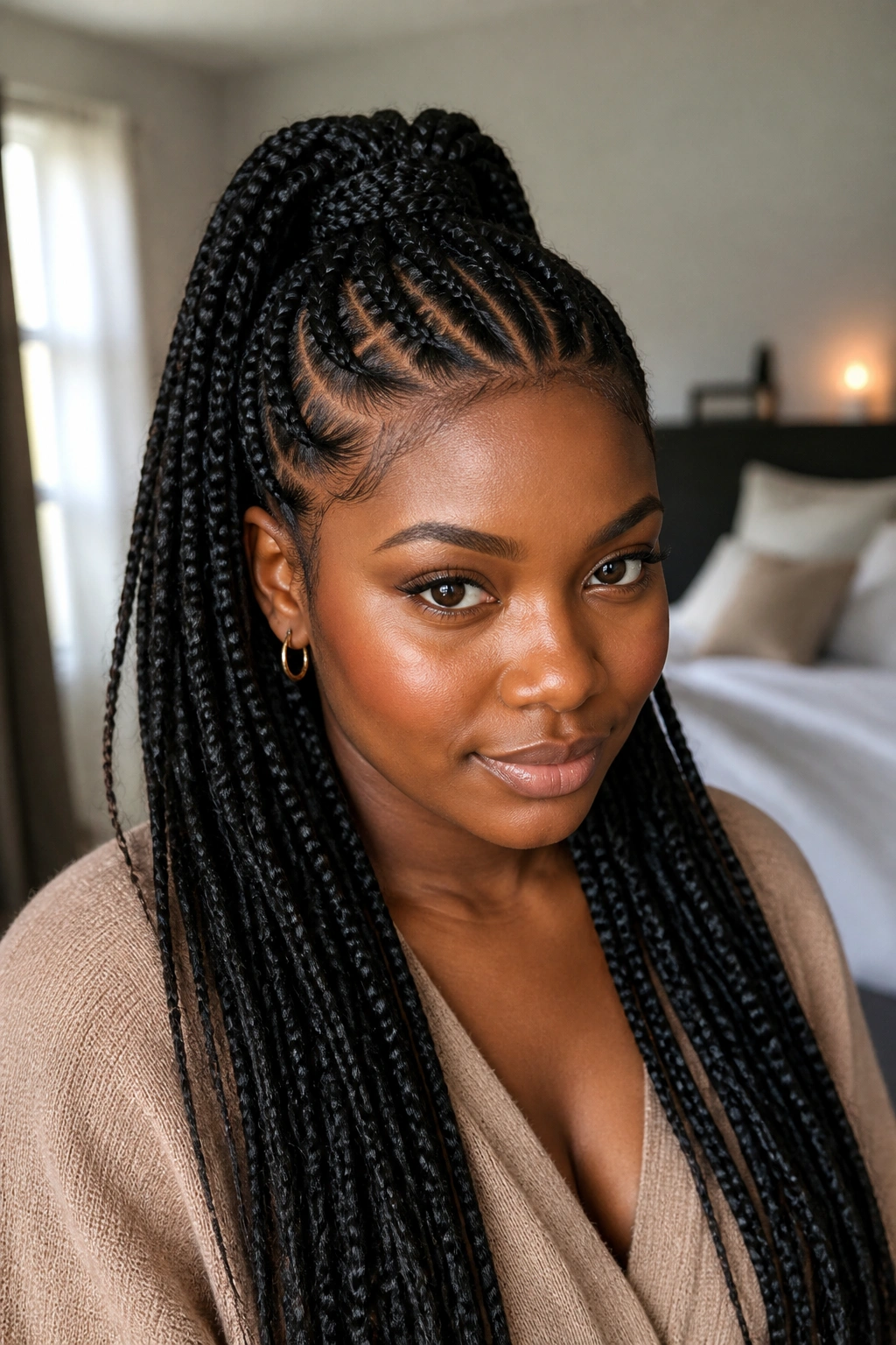 Half-Up Half-Down Ghana braids on a real woman with a top ponytail and flowing lower braids