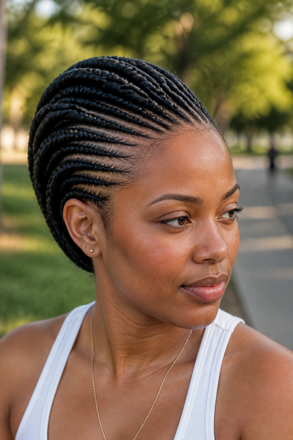 Real woman with Ghana braids creating height from scalp