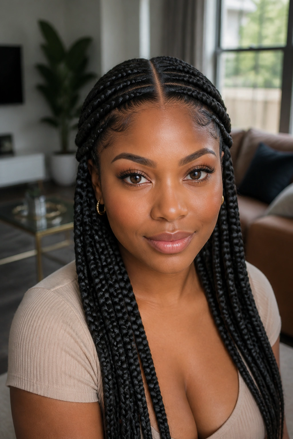 Close-up of real woman with middle-part Ghana braids