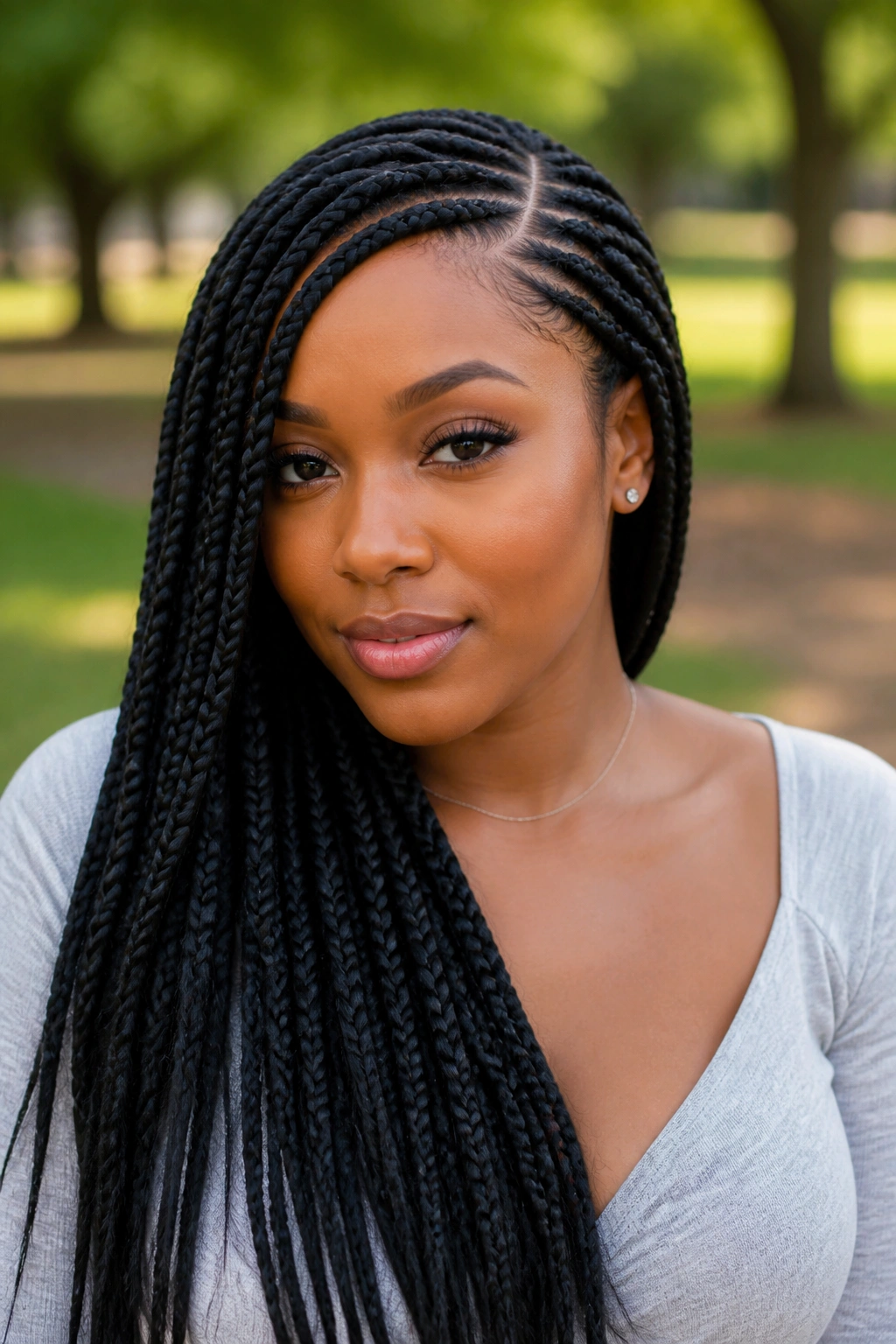 Portrait of woman with side-part Ghana braids over shoulder