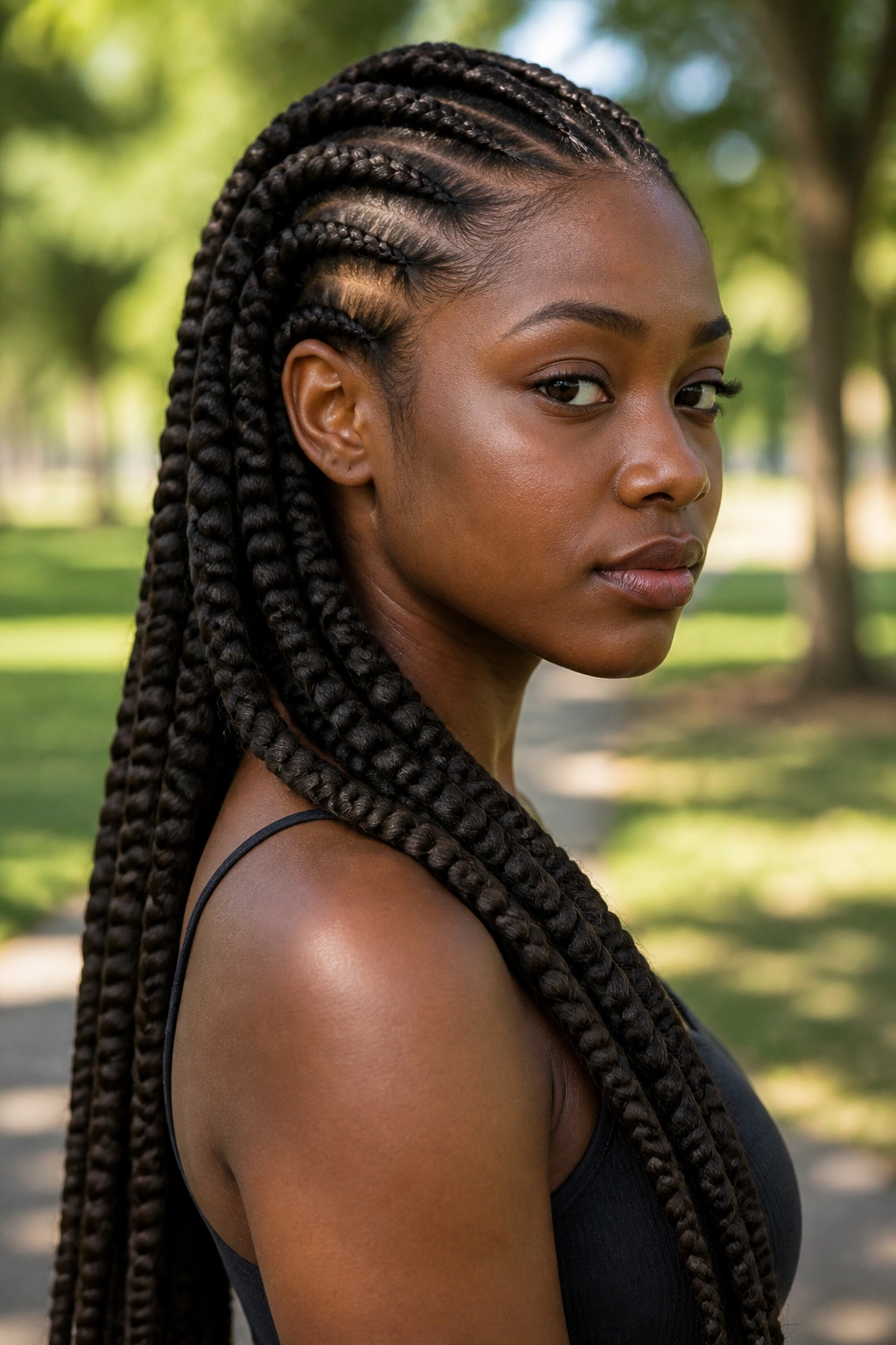 Close-up portrait of Ghana braids with built-in thickness on a real Black woman