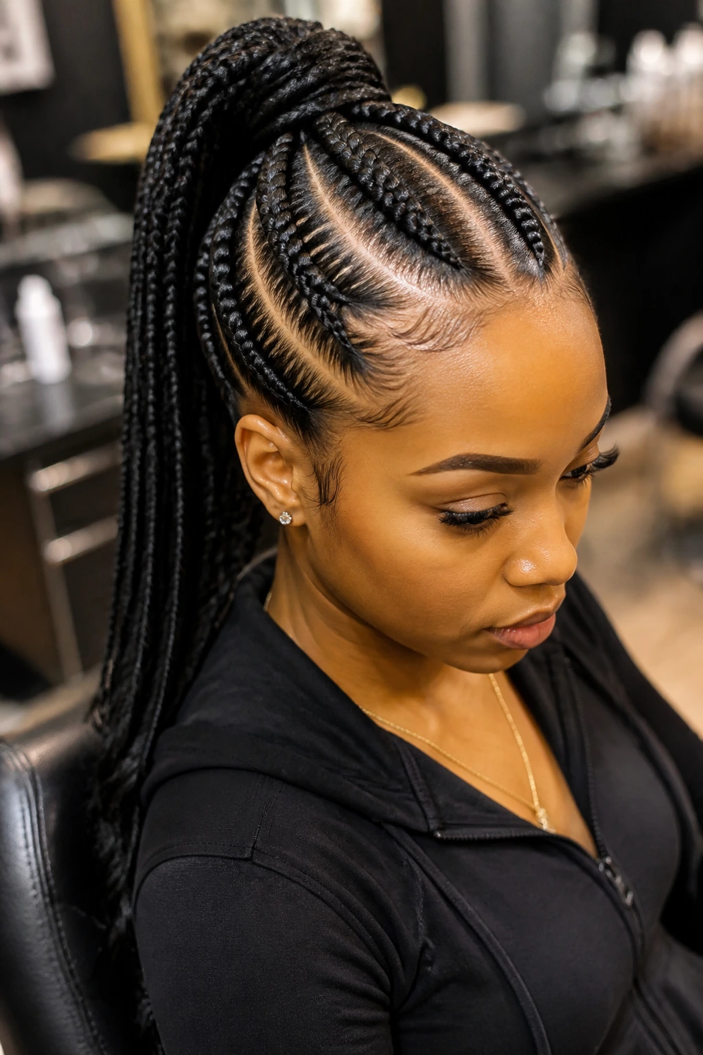 Real woman with thick Ghanaian braid ponytail in a salon setting.