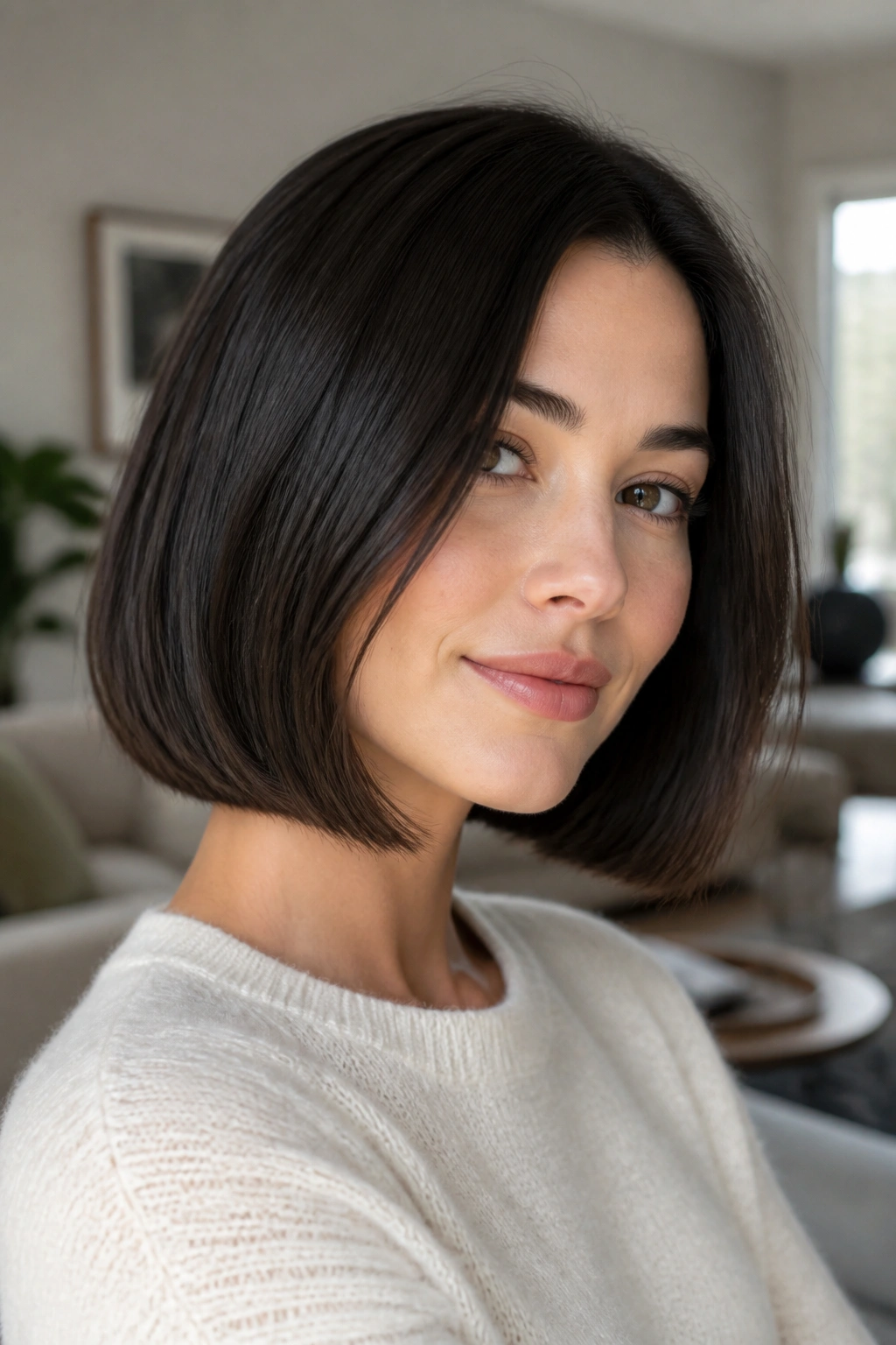Close-up of a real woman with ghost-layer bob showing soft interior layers