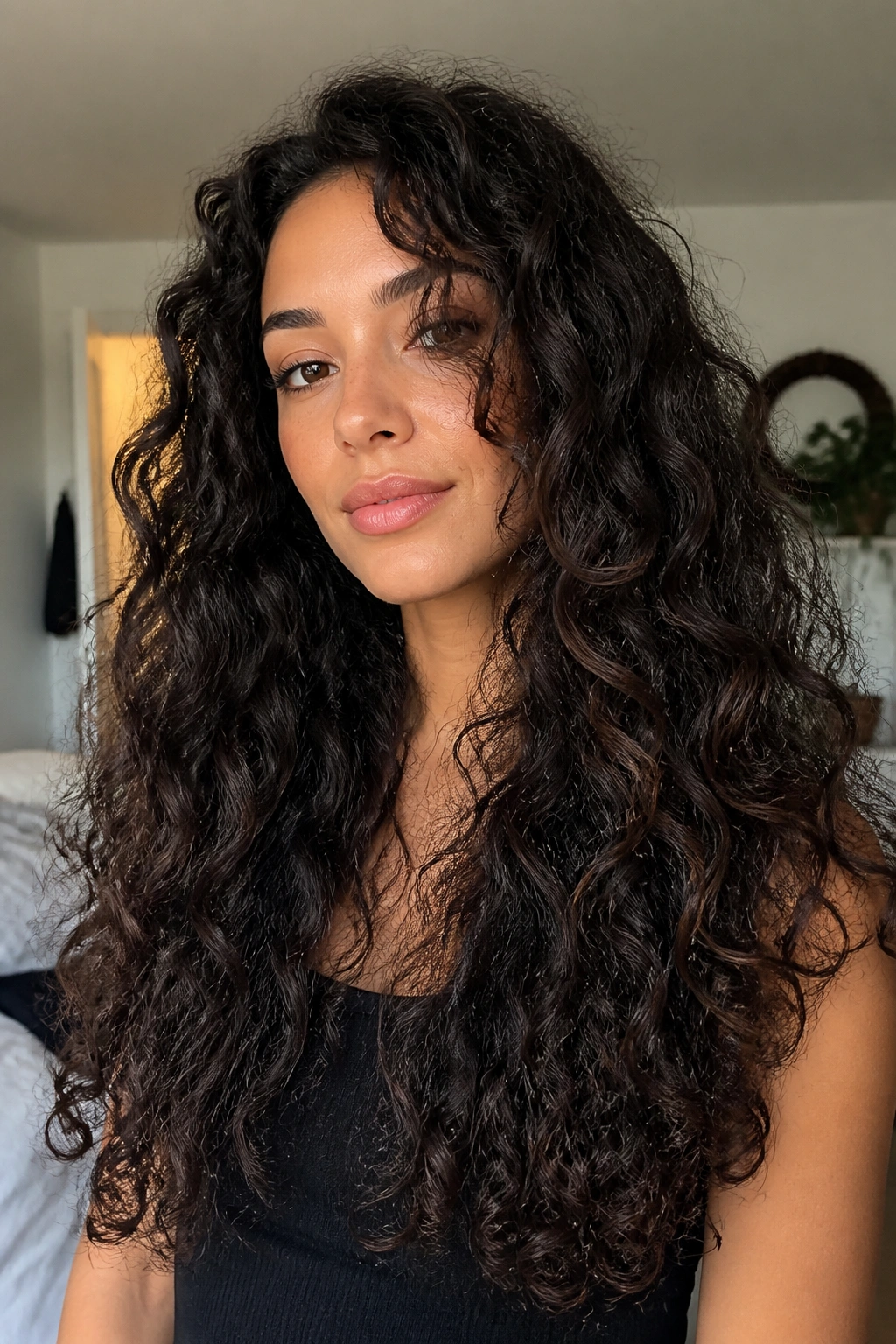 Real person with ghost layers subtly shaping inner curls in curly hair.