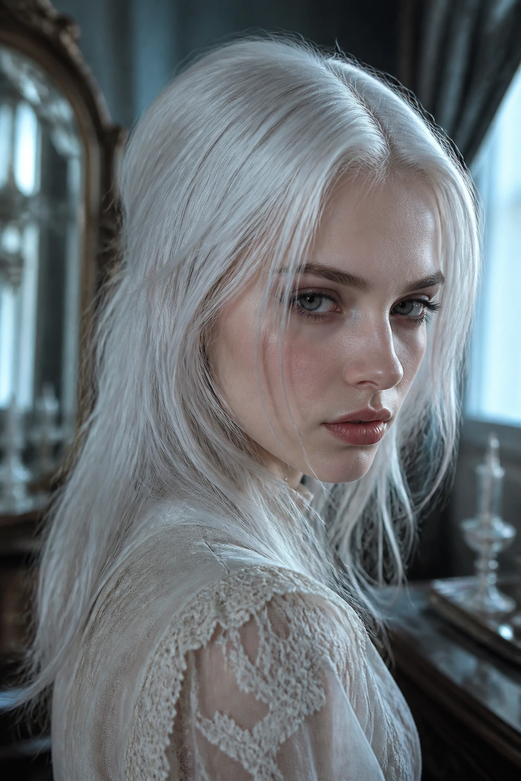 Close-up of a real person with ghost-white hair in cool window light