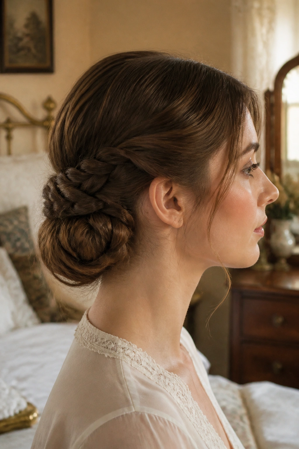 Close-up of a real woman showing a Gibson Roll with Braided Base at the nape