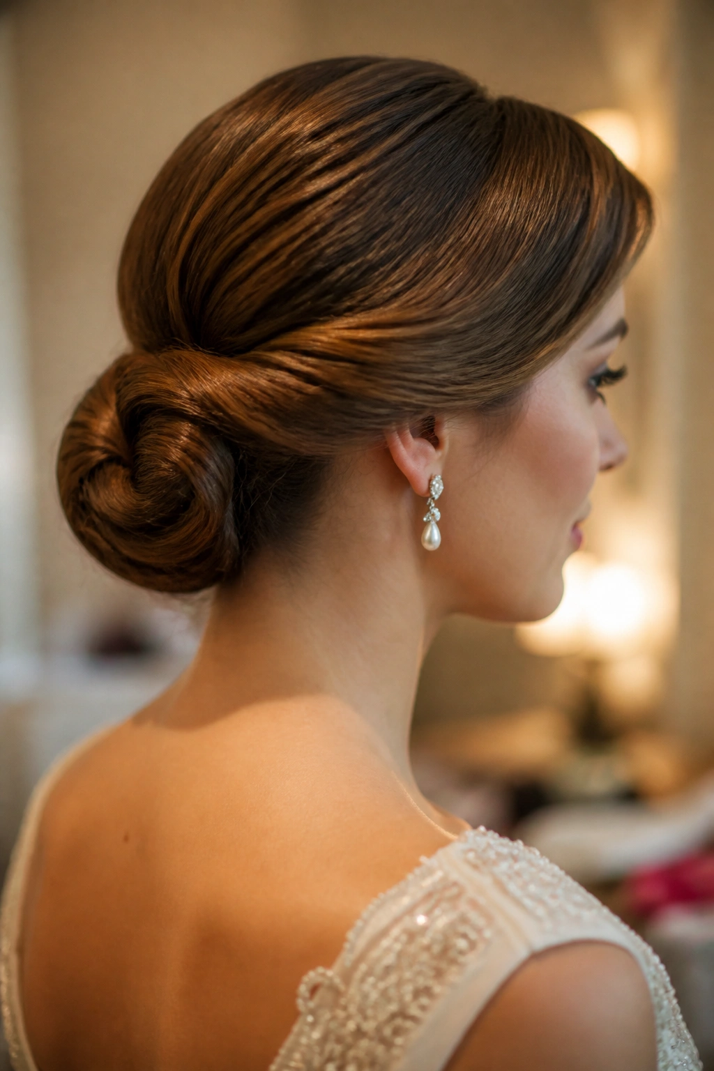 Close-up of a woman with a Gibson roll at the back of the head.