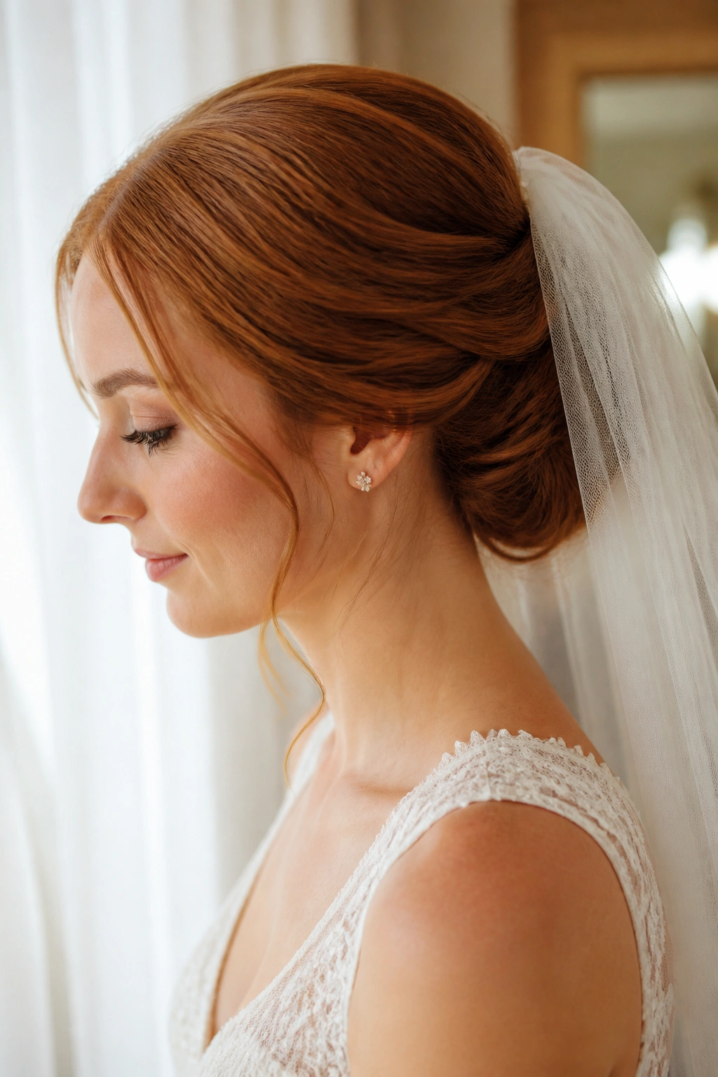 Close-up portrait of a real bride with a Gibson tuck at the nape and veil, auburn hair.