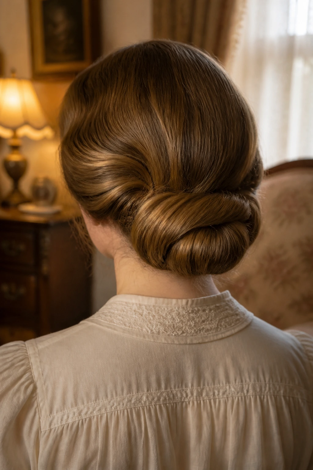 Back-of-head portrait of a real woman with Gibson tuck at the nape.