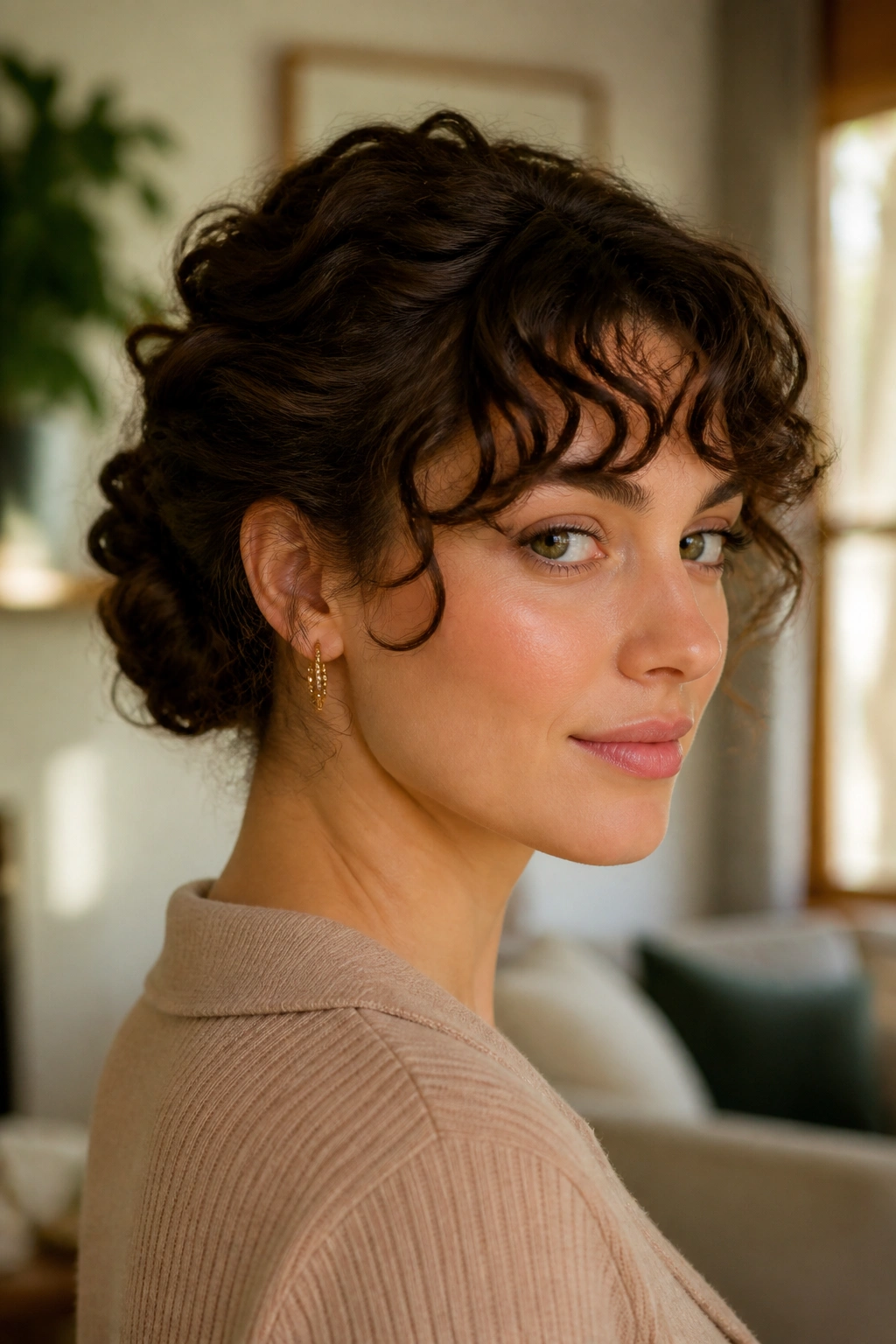 Close-up portrait of a real woman with a Gibson tuck and bouncy bangs.
