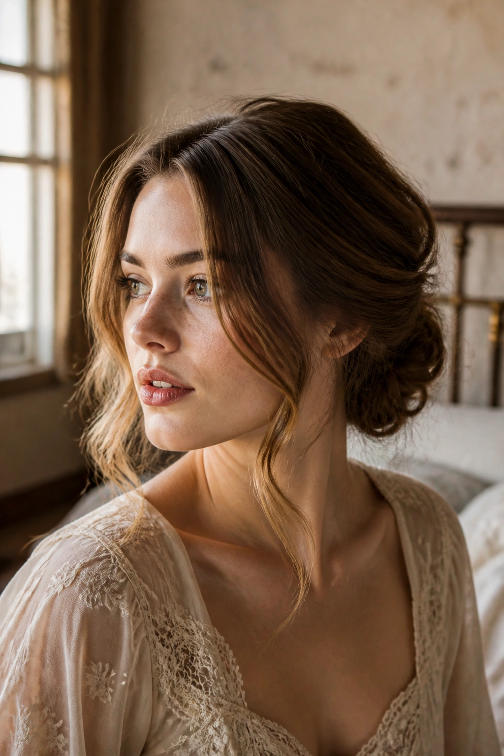 Close-up portrait of a real woman with a loose Gibson tuck and face-framing pieces in warm window light