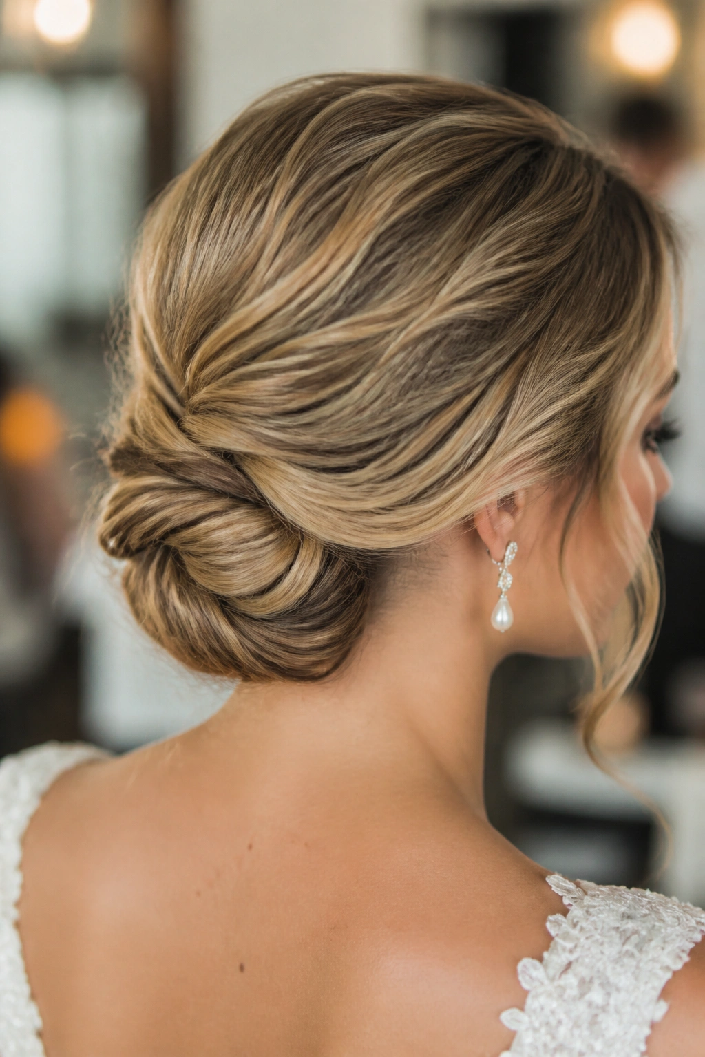 Close-up of real bride with Gibson tuck and textured nape roll.