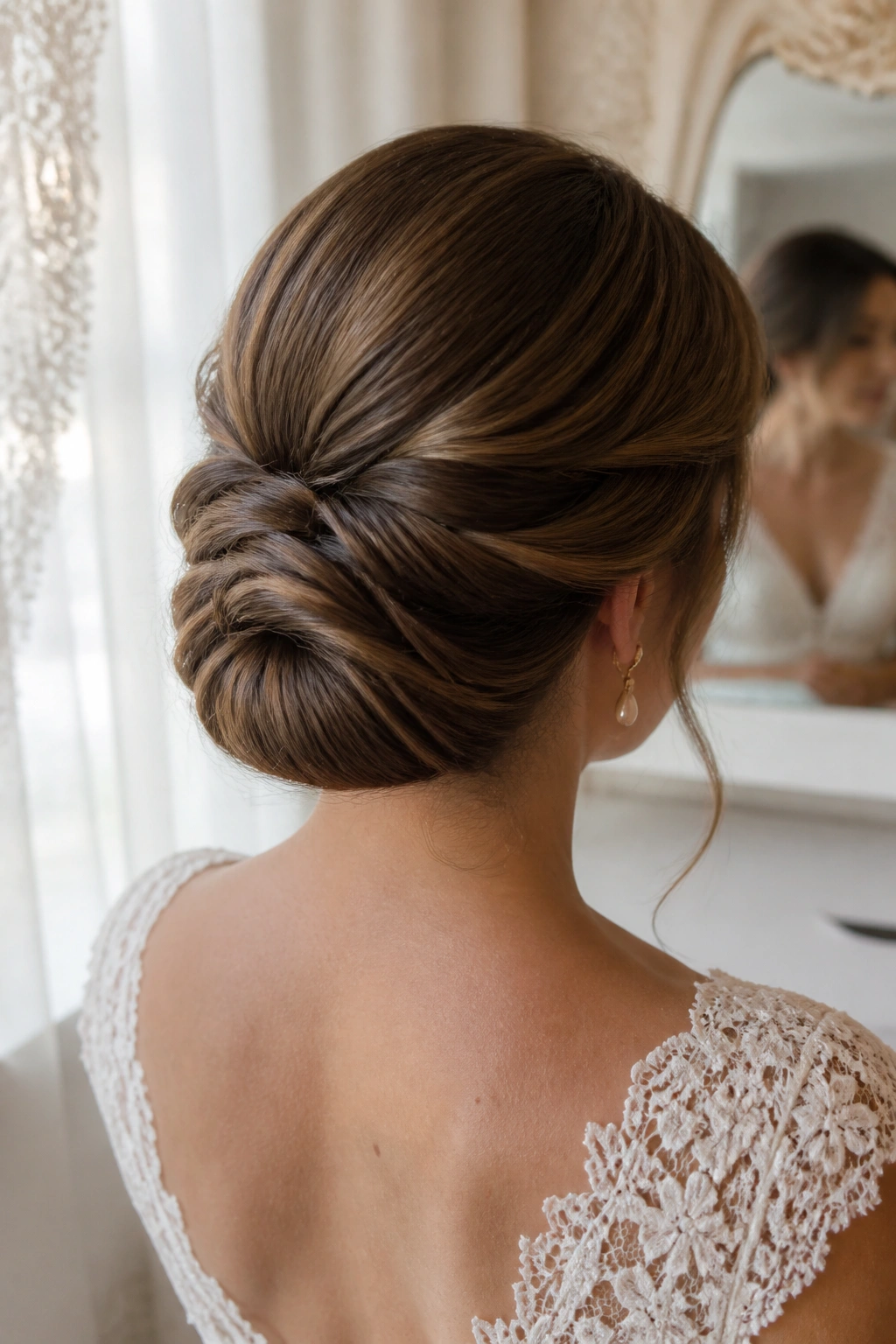 Close-up of a bride with a Gibson tuck hairstyle in a vintage-inspired setting