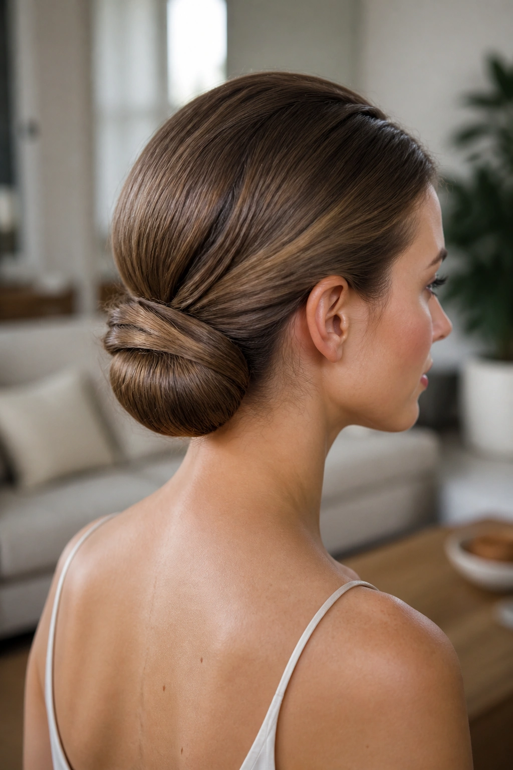 Rear three-quarter portrait of a woman with a Gibson tuck bun