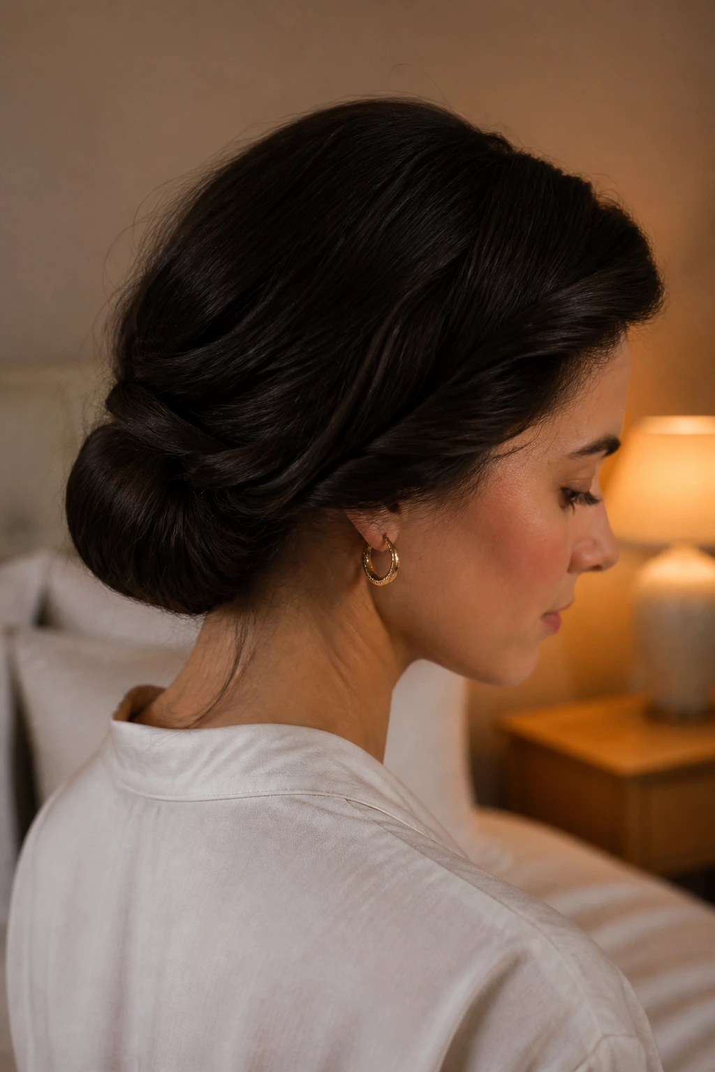 Close-up of a woman with a Gibson tuck bun at the nape