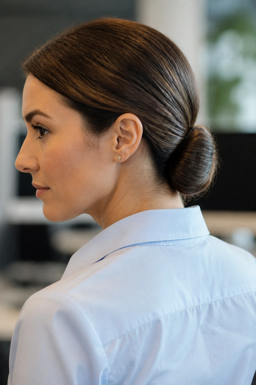 Portrait of a real woman with Gibson tuck bun at the nape