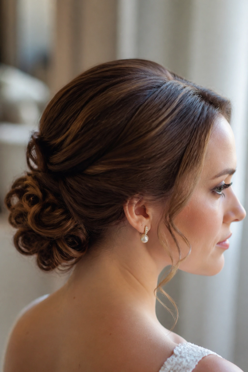 Close-up of real bride with Gibson tuck and curly ends