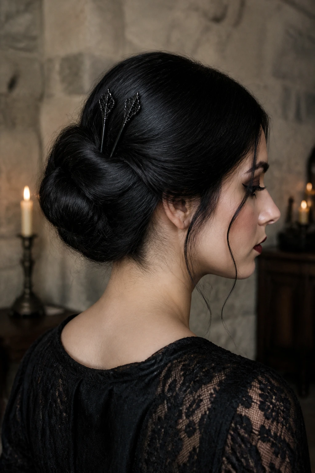 Portrait of a real person showing a Gibson tuck with pins at the back.