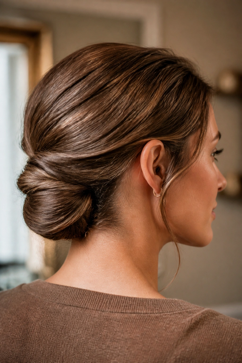 Close-up portrait of a real woman with a Gibson Tuck hairstyle at the nape