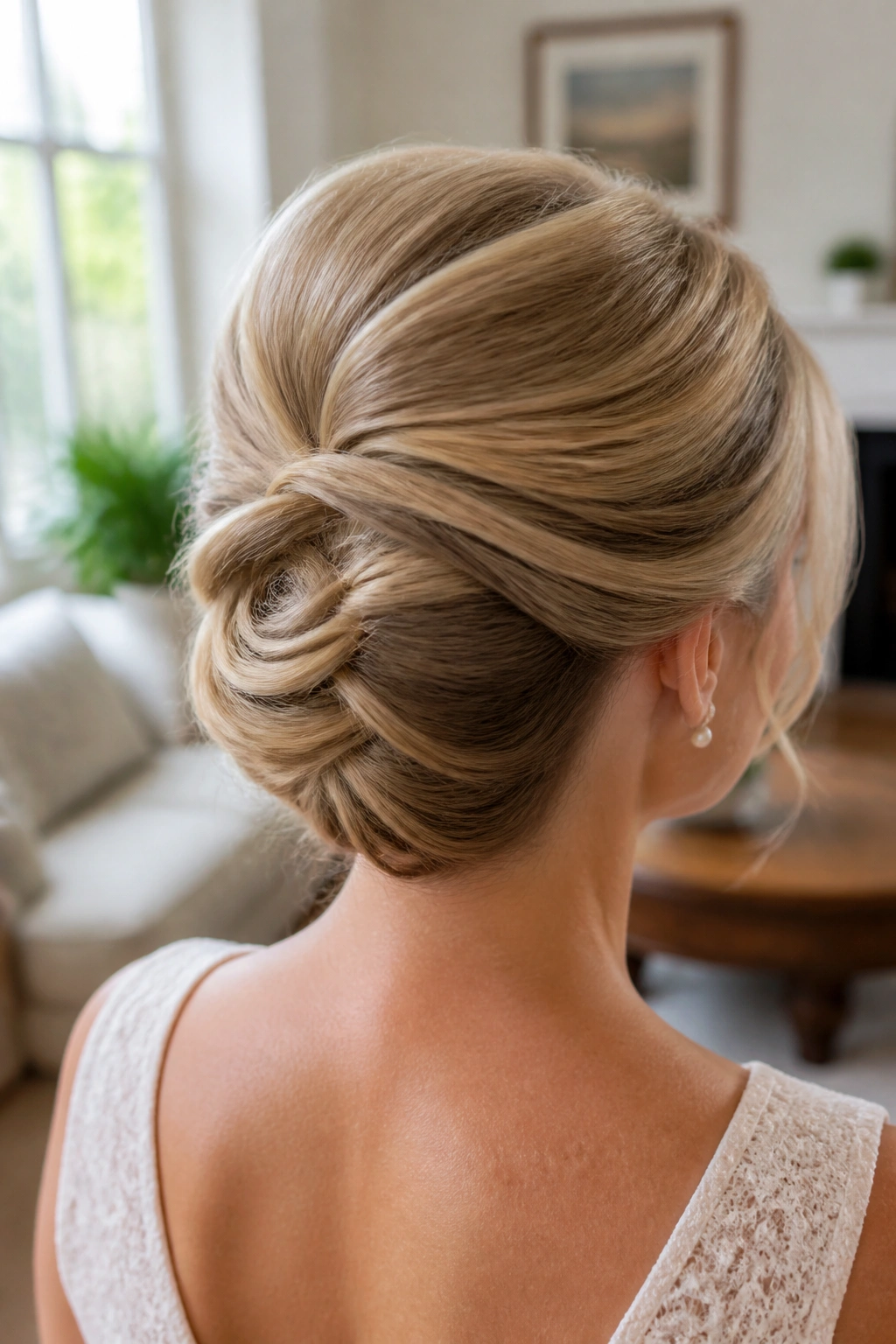 Back/three-quarter view of a real woman with Gibson tuck and lifted crown.