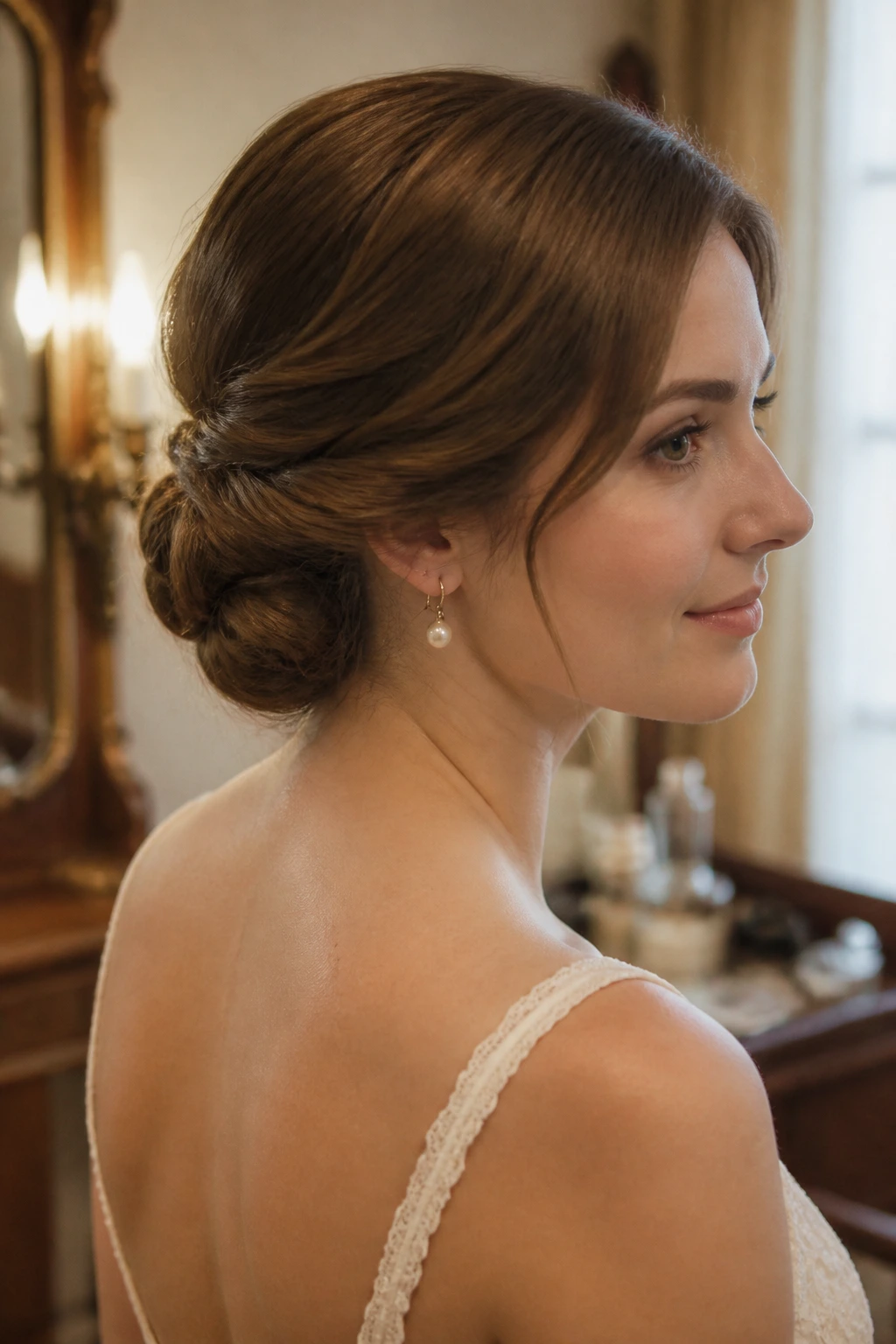 Close-up of a real woman with a Gibson tuck at the nape.