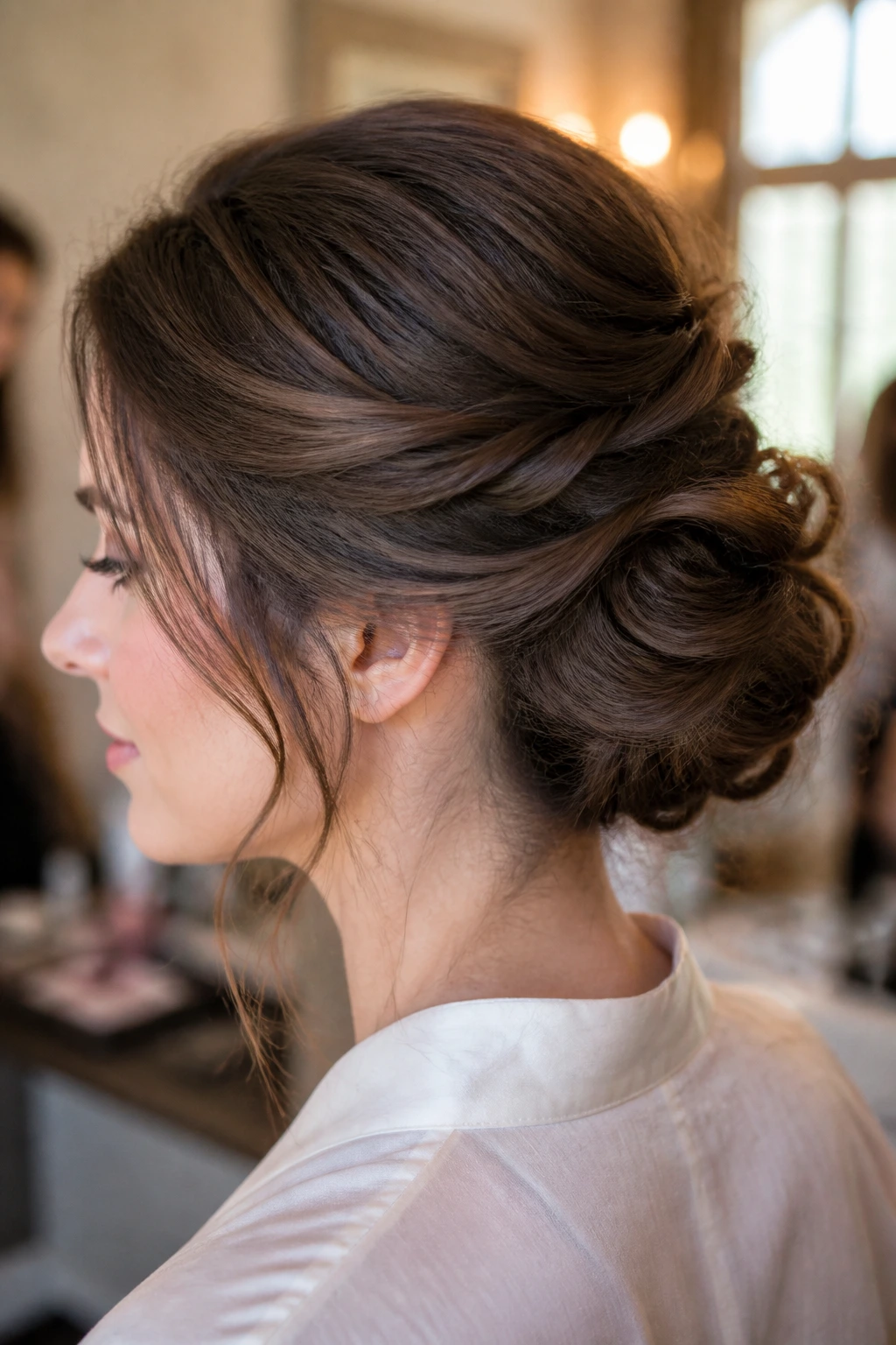 Close-up of real woman with soft twisted Gibson tuck