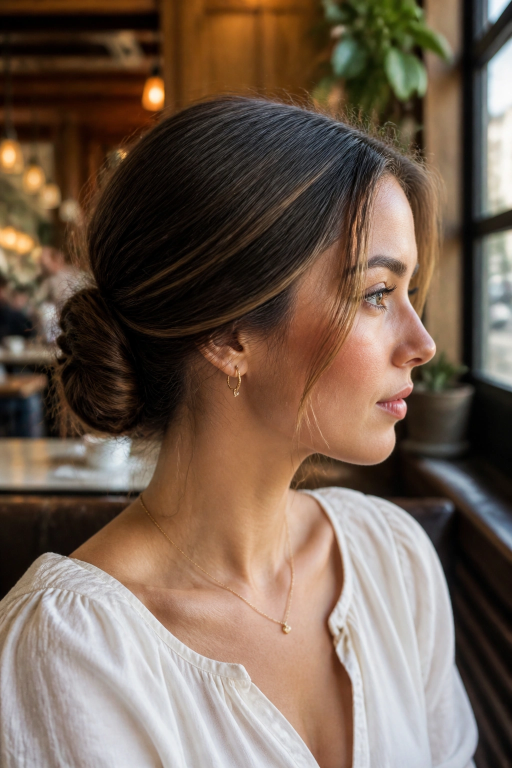 Close-up of a real woman with a Gibson tuck low bun