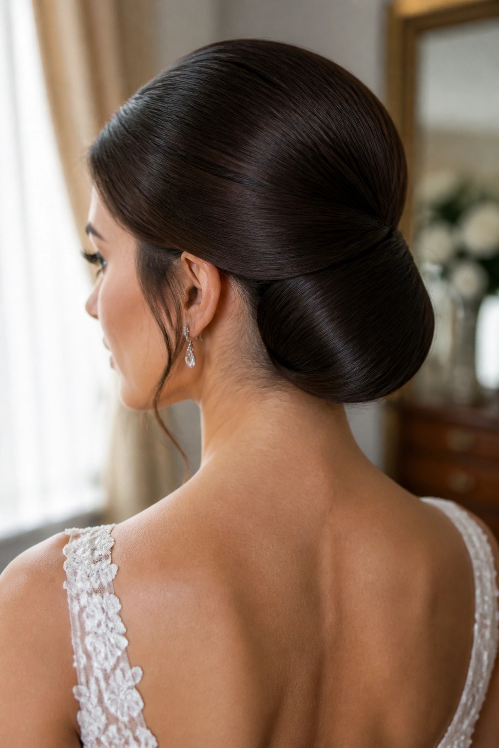 Close-up of a real bride with Gibson tuck and mirror finish.