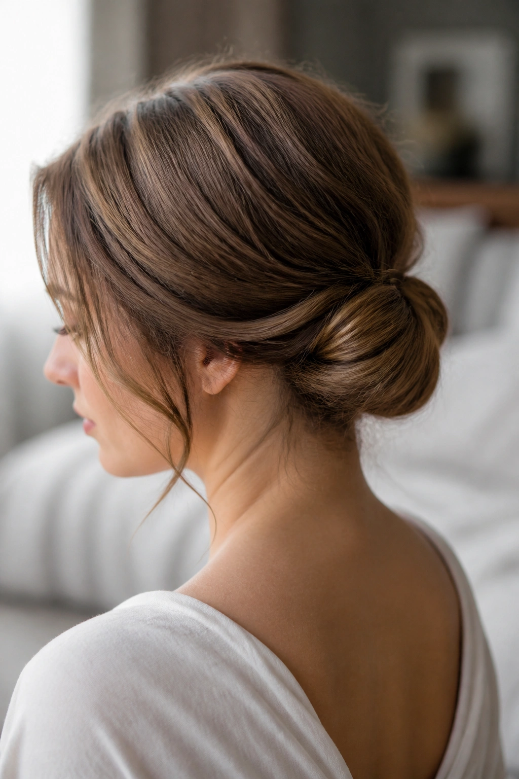 Close-up of a real woman with a Gibson Tuck hairstyle in a loose low roll