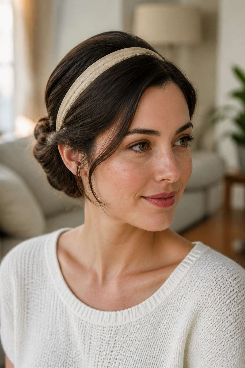 Front three-quarter portrait of a real woman with a Gibson tuck using a crown headband.