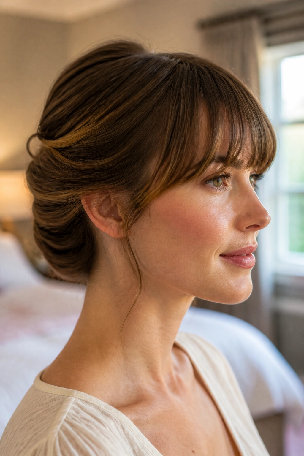 Close-up of Gibson tuck with soft fringe on a real woman