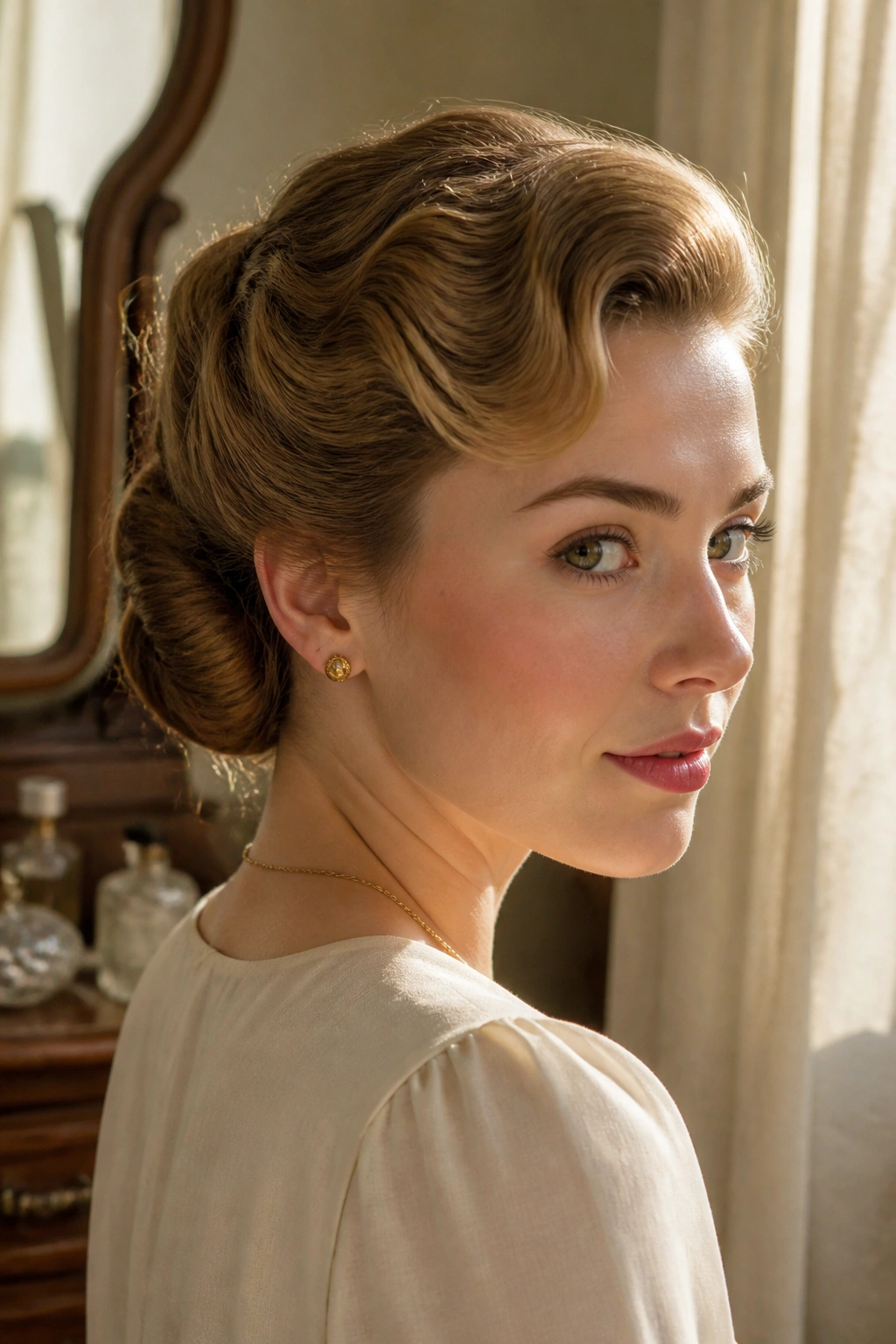 Close-up portrait of a real woman with a Gibson tuck and soft front wave