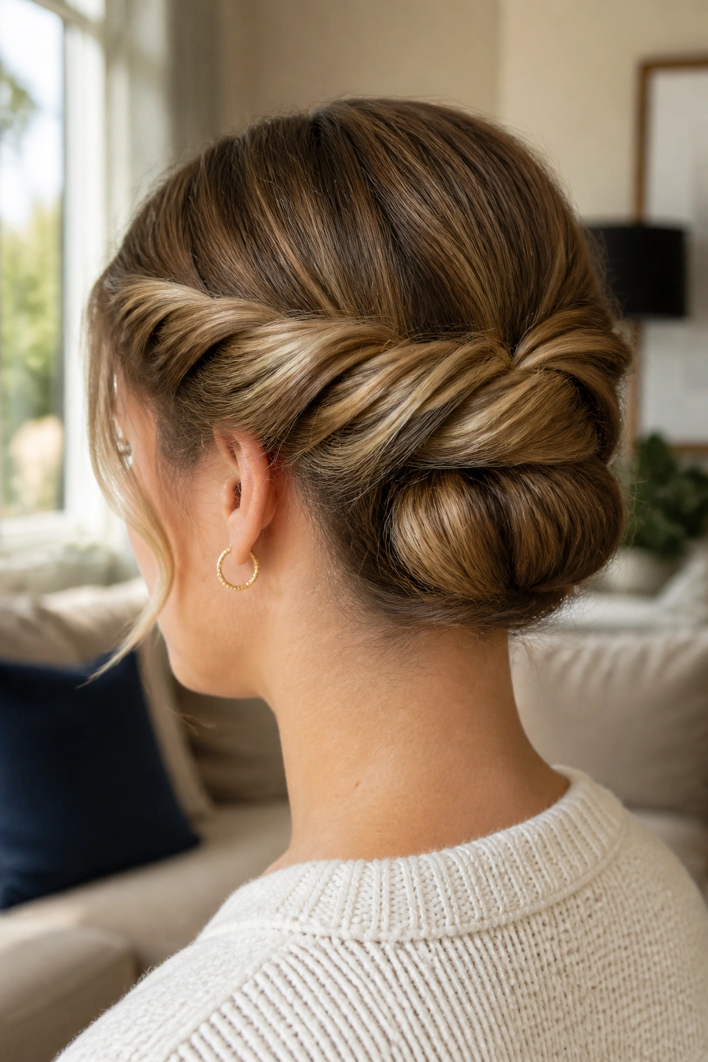 Back/side close-up of a real woman with a Gibson-Tuck twist bun at the nape.