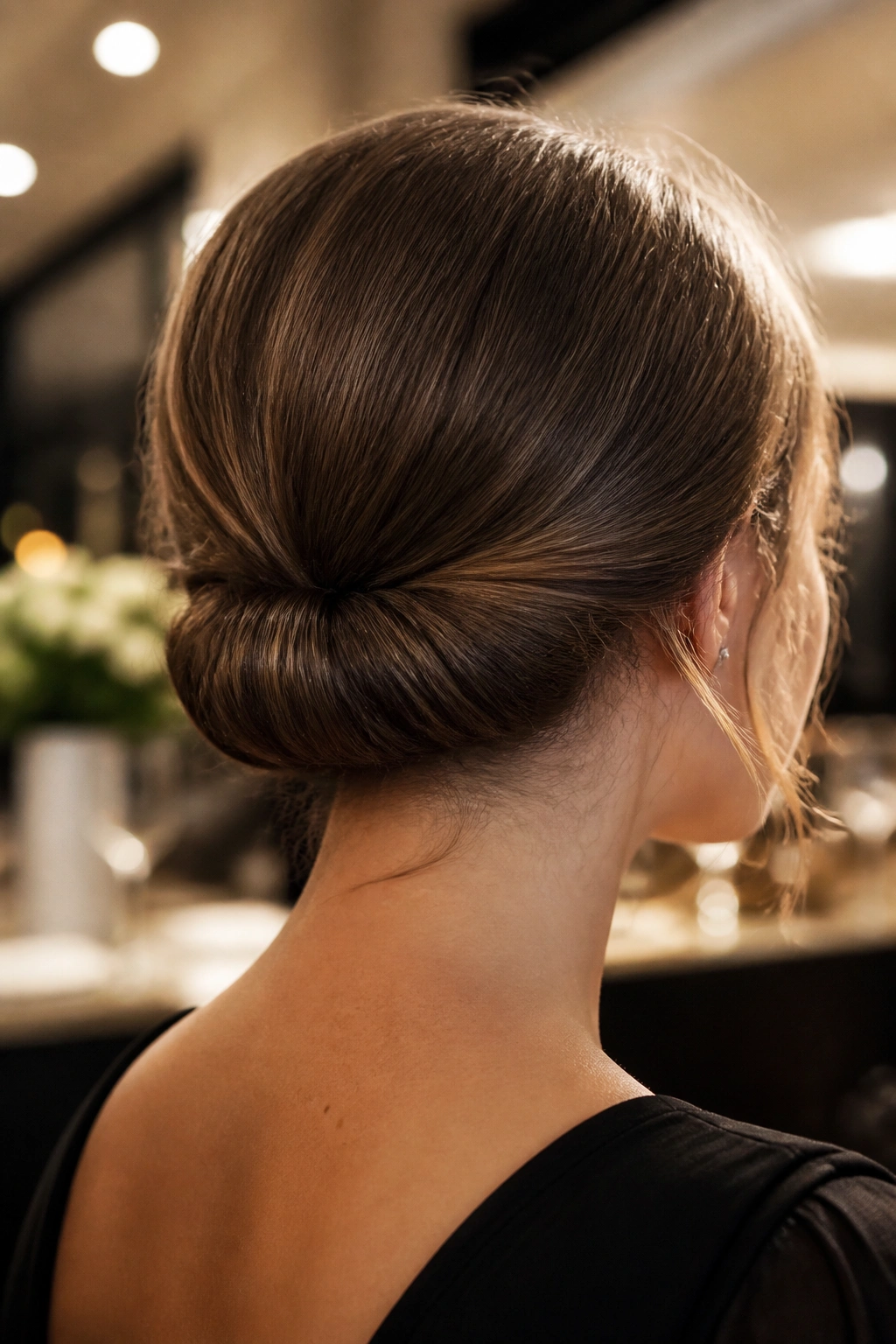 Back view close-up of a real woman wearing a Gibson Tuck at the nape.