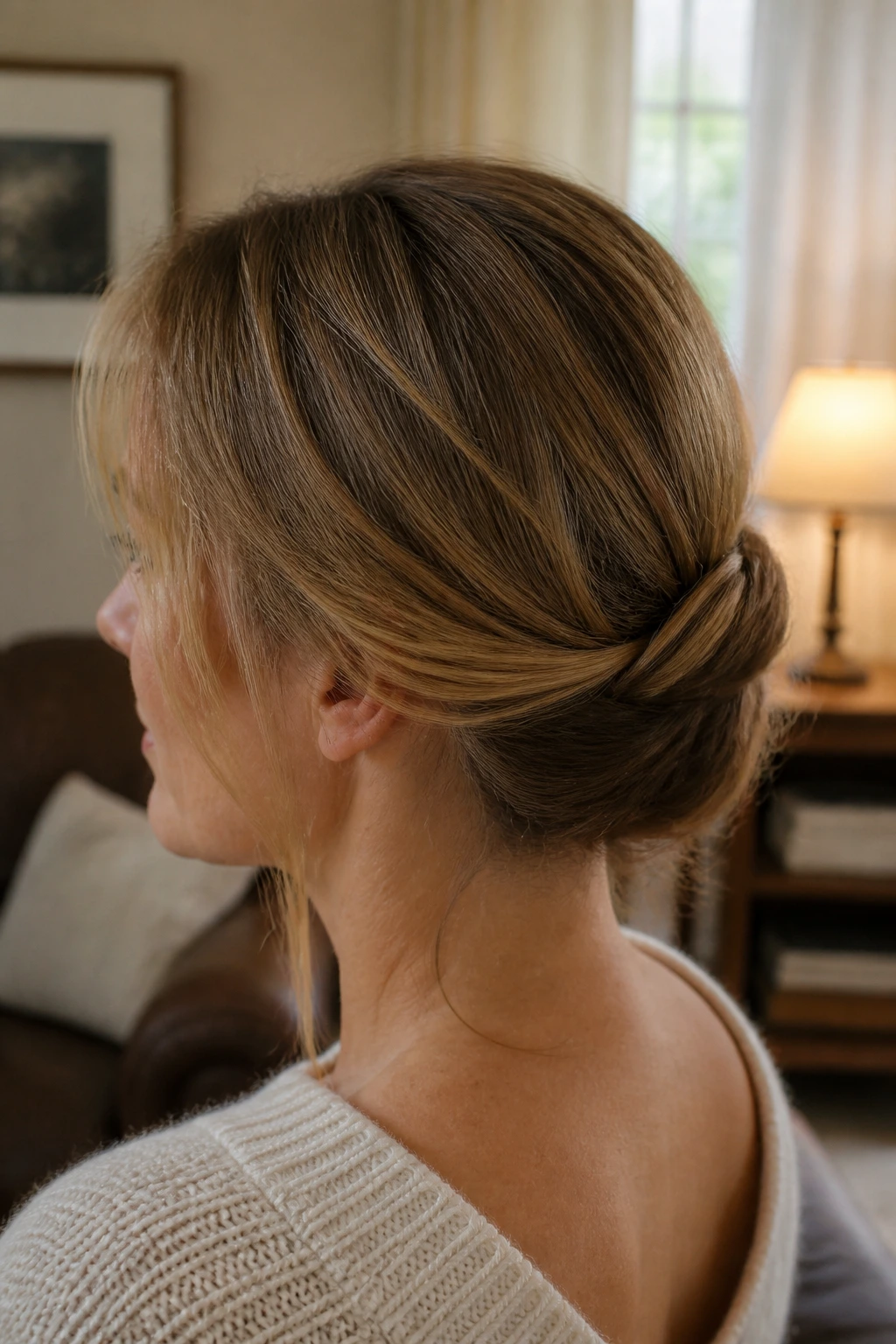 Close-up of real woman with a Gibson tuck hair roll at the nape.