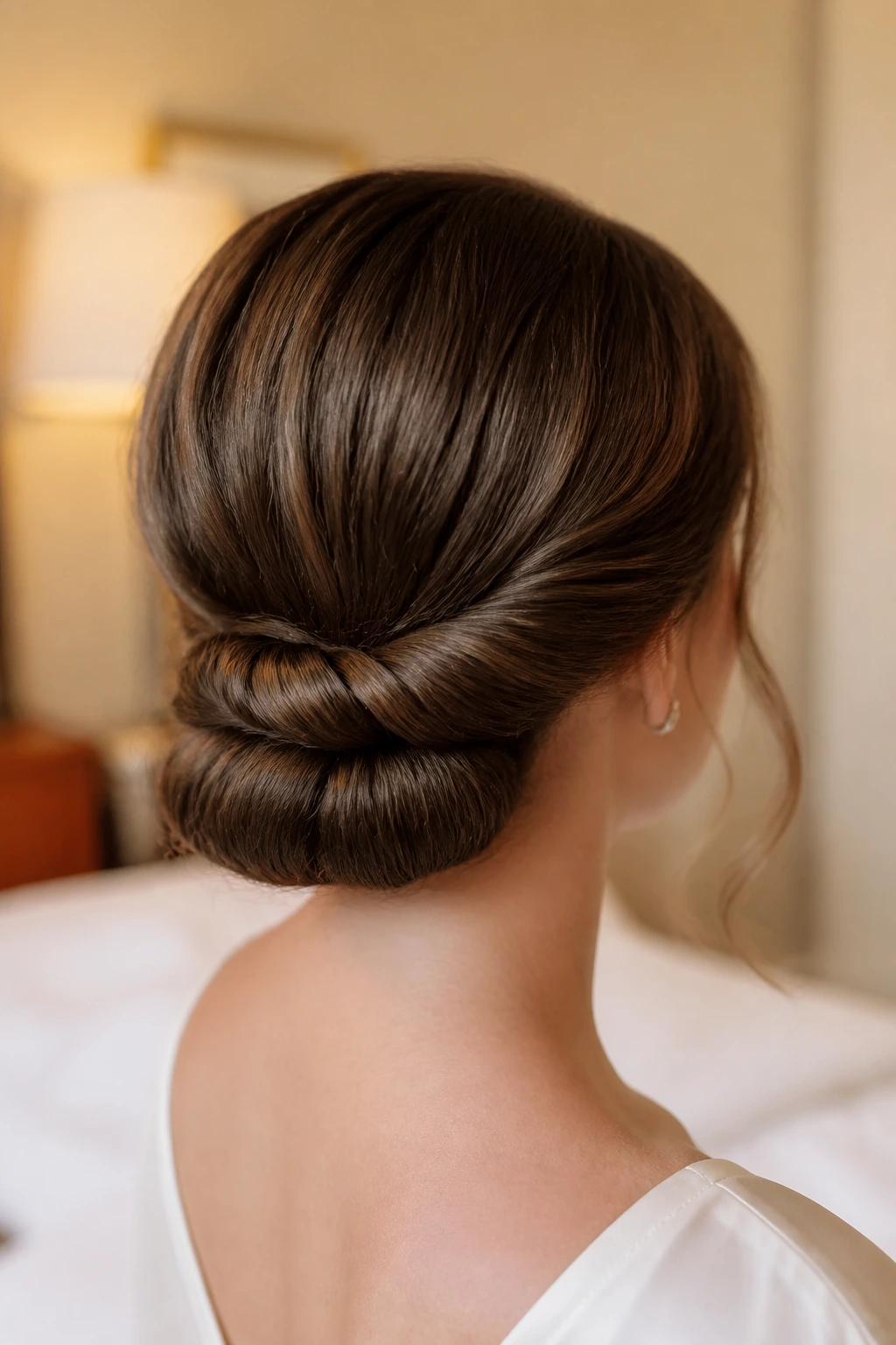 Back view close-up of a real woman's head showing a Gibson tuck at the nape