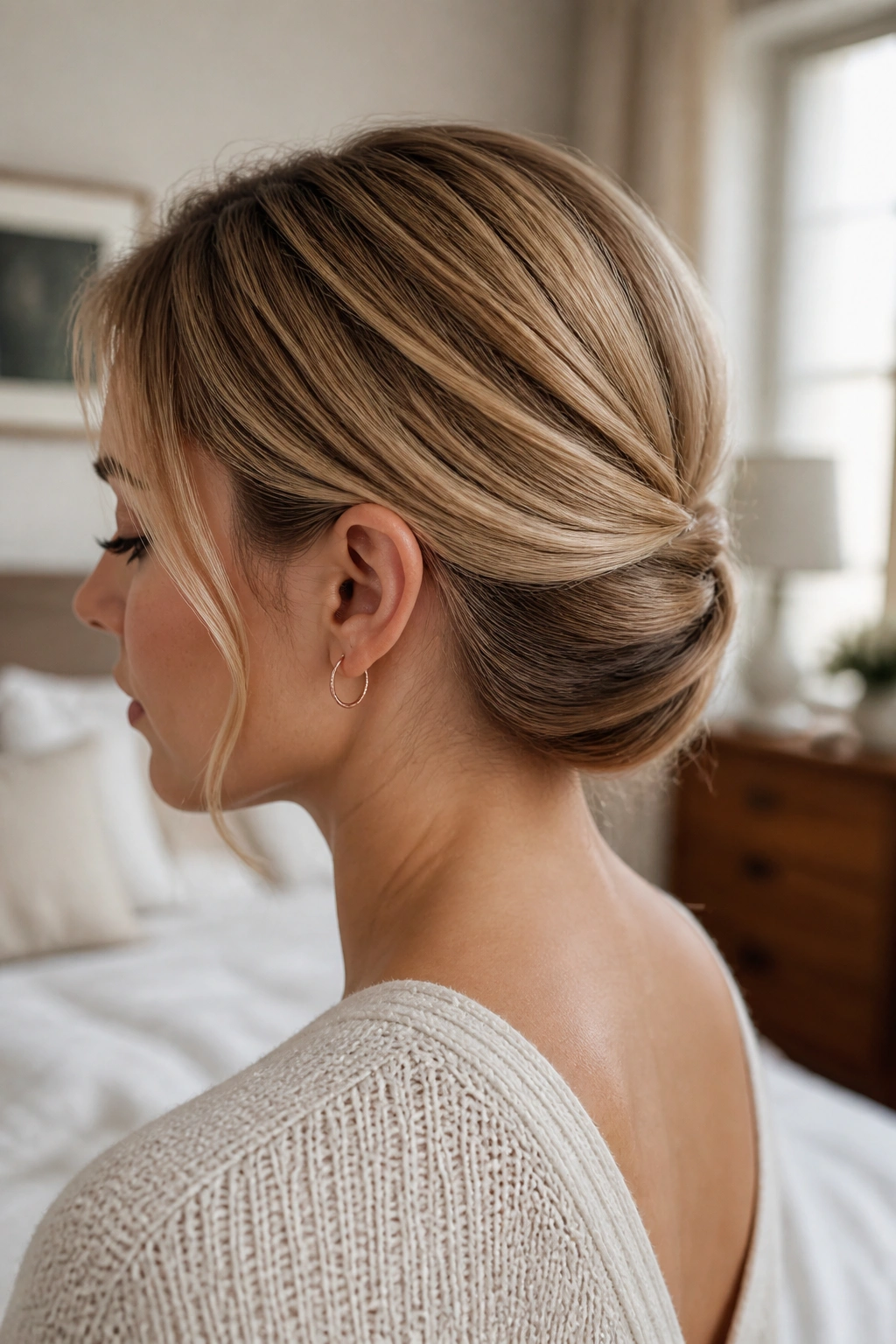 Close-up of a real woman with a sleek Gibson tuck at the nape