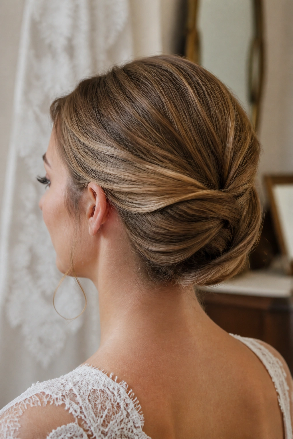 Close-up of Gibson tuck hairstyle on real woman