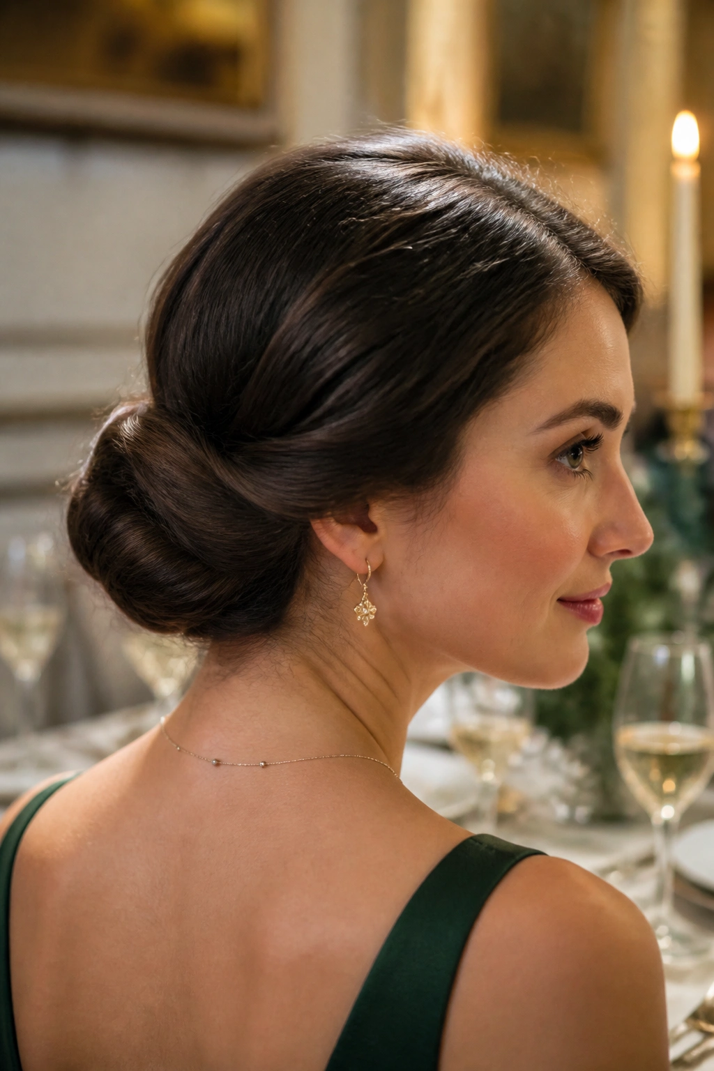 Close-up portrait of a woman with a Gibson tuck hairstyle