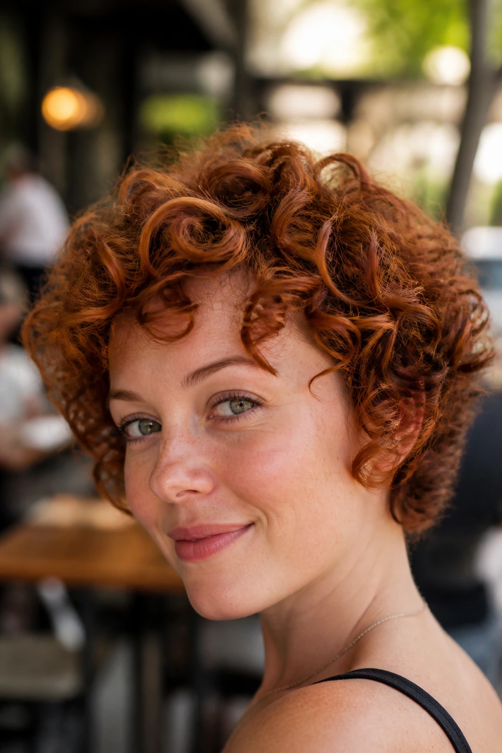 Close-up of a real person with ginger auburn curls, glossy and defined.
