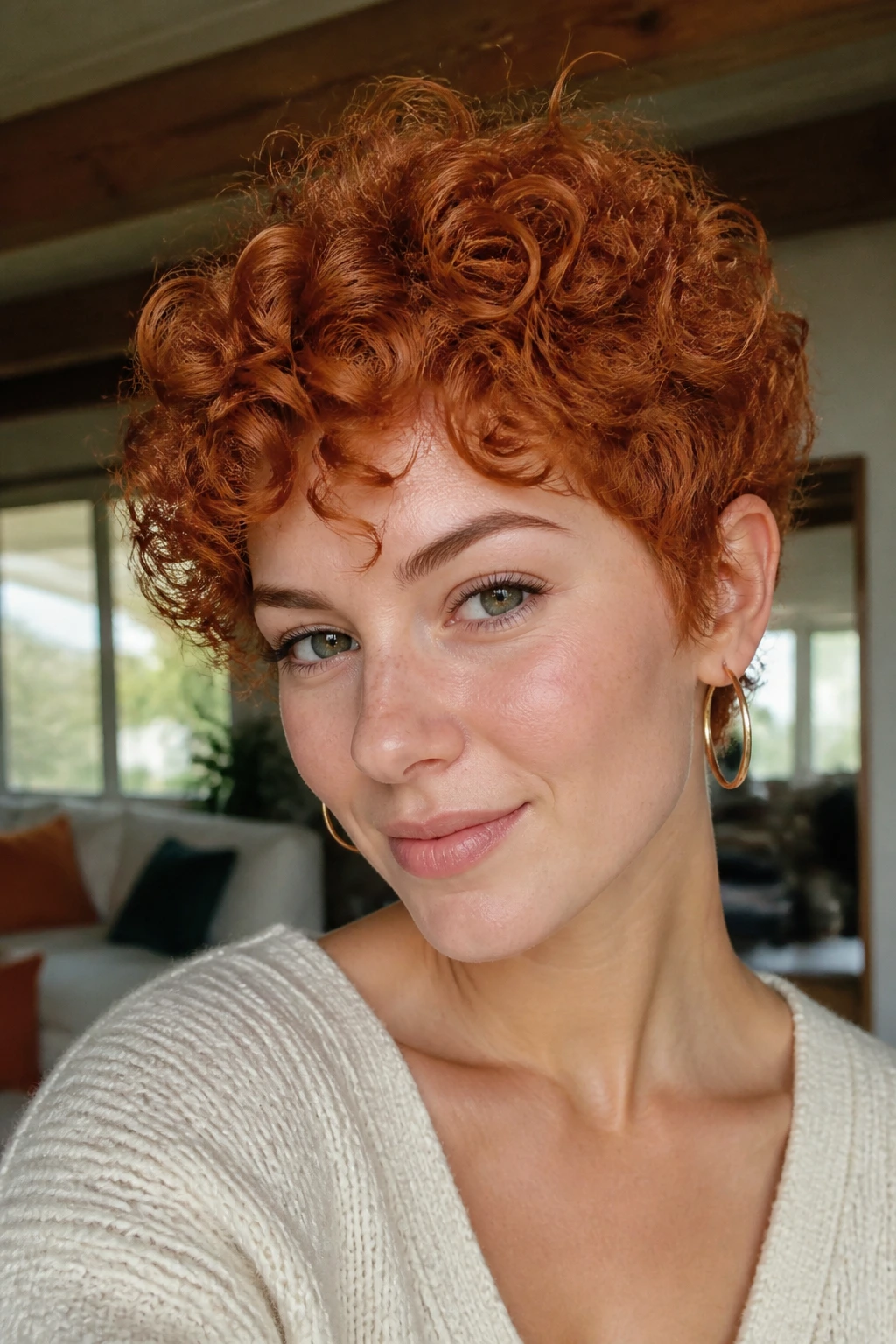 Close-up of a woman with a ginger curly crop and defined curls