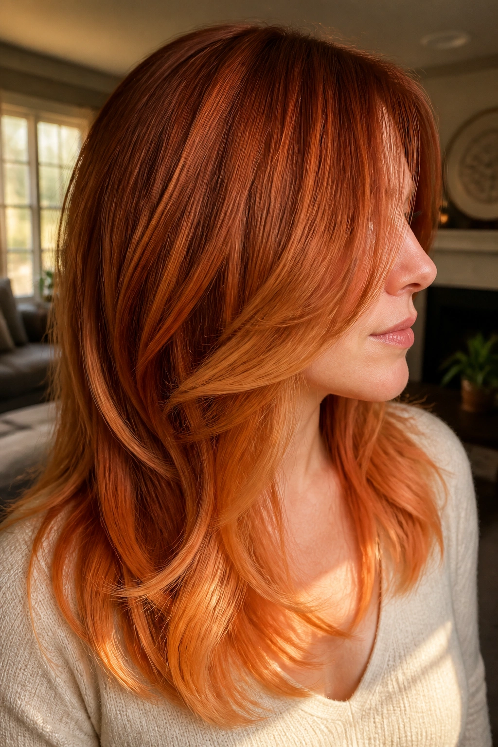 Close-up profile of a real person with ginger copper penny and apricot ends hair
